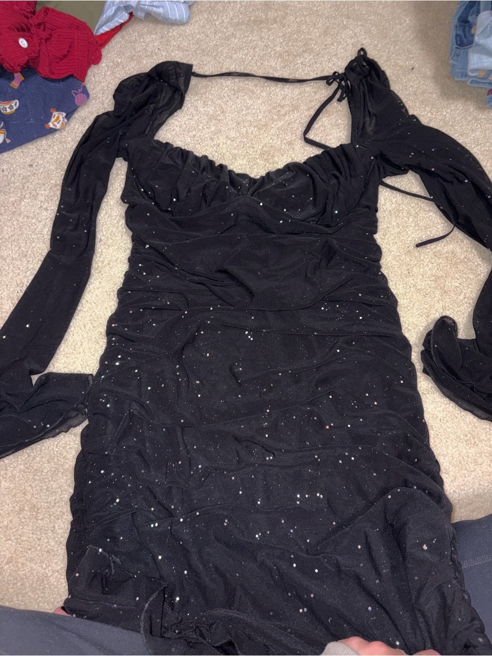 Black Sparkle Long Sleeve Ruched Mini Dress by